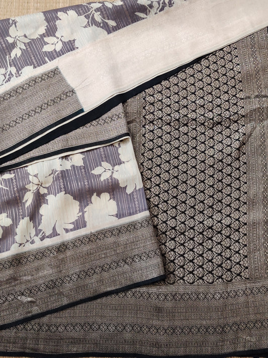 Grey Colour Semi Banarasi Saree With Digital Print All Over Code : VB0247