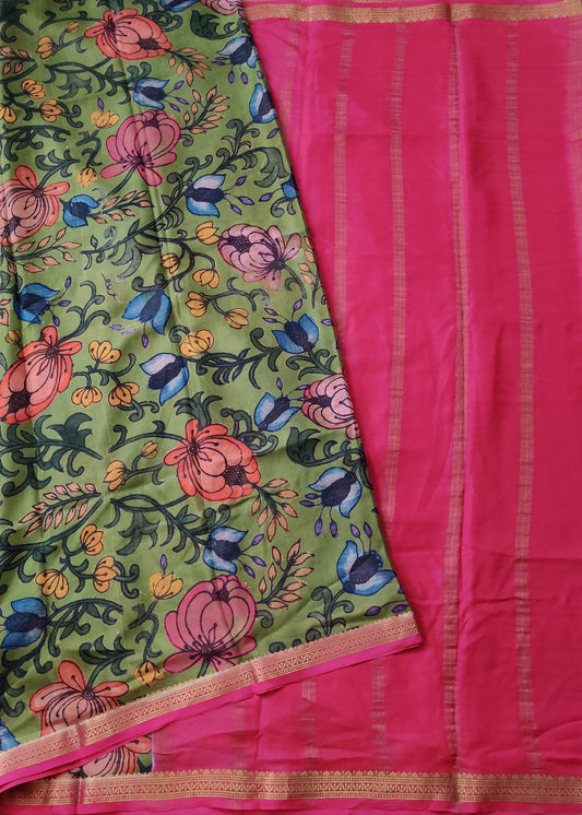 Mehndi Green Colour Mysore Silk Saree With & Kalamkari Digital Print All Over Code : KA0159