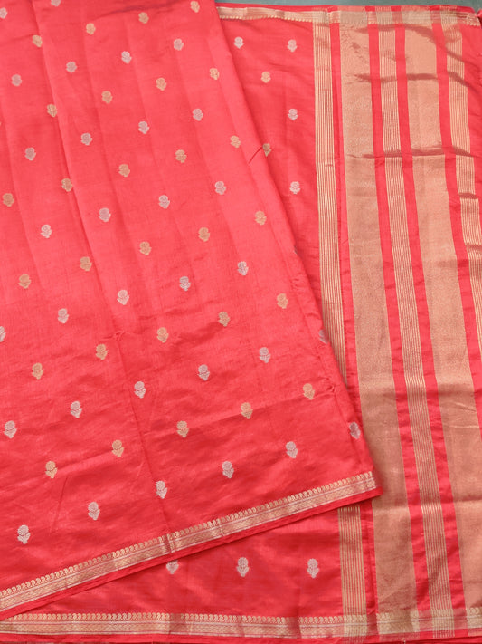 Red Colour Semi Tussar Saree With Gold & Silver Zari Butta All Over Code : VB0235