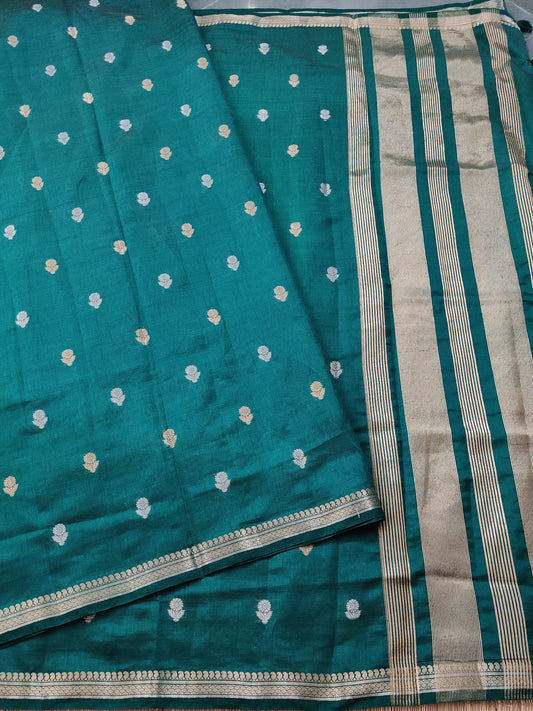 Green Colour Semi Tussar Saree With Gold & Silver Zari Butta All Over Code : VB0238