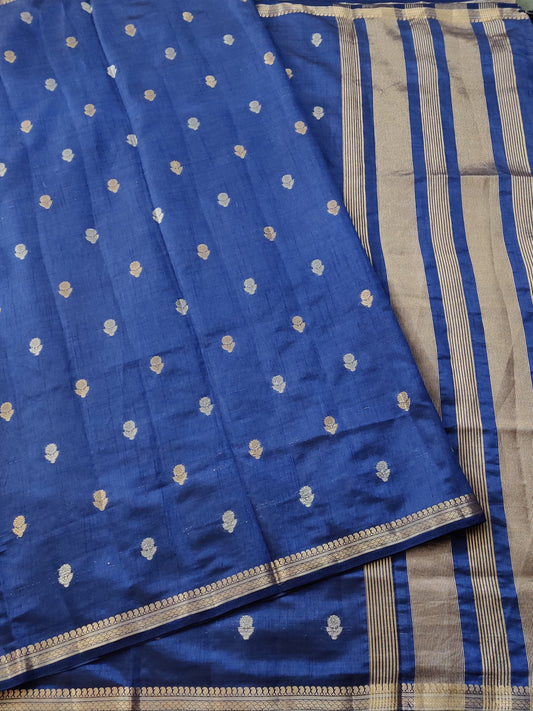 Blue Colour Semi Tussar Saree With Gold & Silver Zari Butta All Over : VB0239