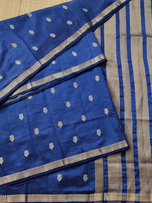 Blue Colour Semi Tussar Saree With Gold & Silver Zari Butta All Over : VB0239