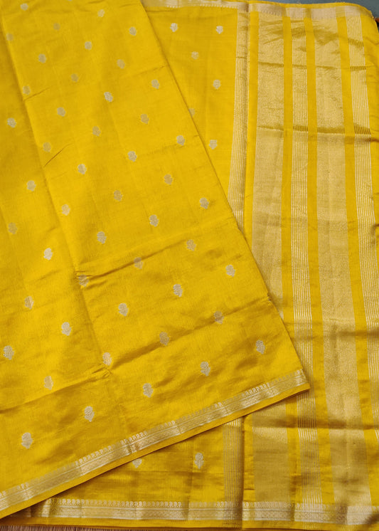 Mango Yellow Colour Semi Tussar Saree With Gold & Silver Zari Butta All Over Code : VB0237