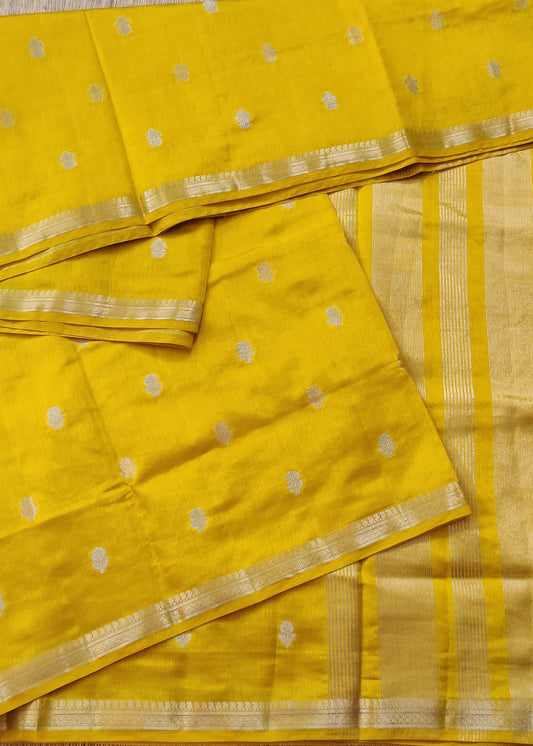 Mango Yellow Colour Semi Tussar Saree With Gold & Silver Zari Butta All Over Code : VB0237