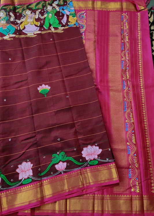 Maroon Colour Kanchivaram Silk Saree With Hand Painting All Over Code : KA0161