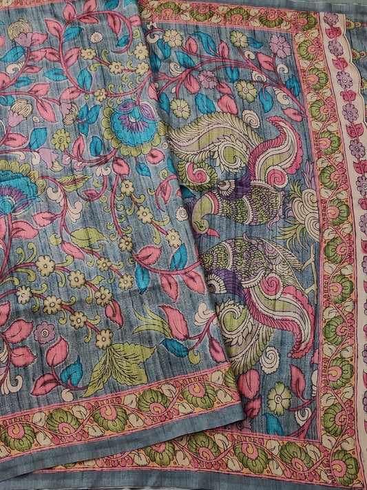 Grey Colour Semi Tussar Saree With Kalamkari Digital Print All Over Code : VB0240