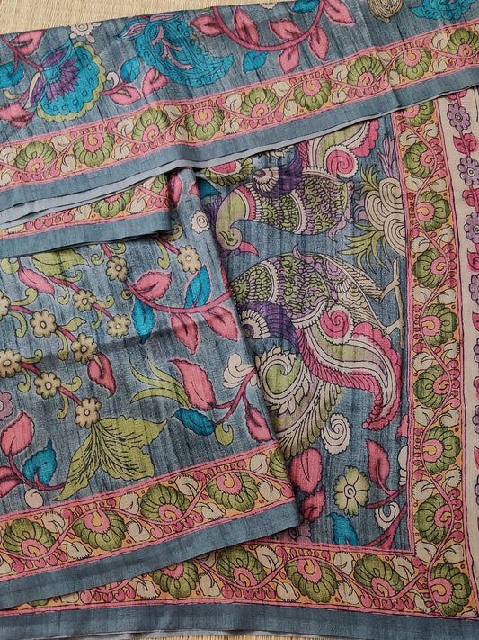 Grey Colour Semi Tussar Saree With Kalamkari Digital Print All Over Code : VB0240