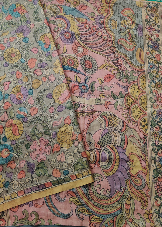 Mehandi Green Colour Semi Tussar Saree With Kalamkari Digital Print All Over Code :VB0241
