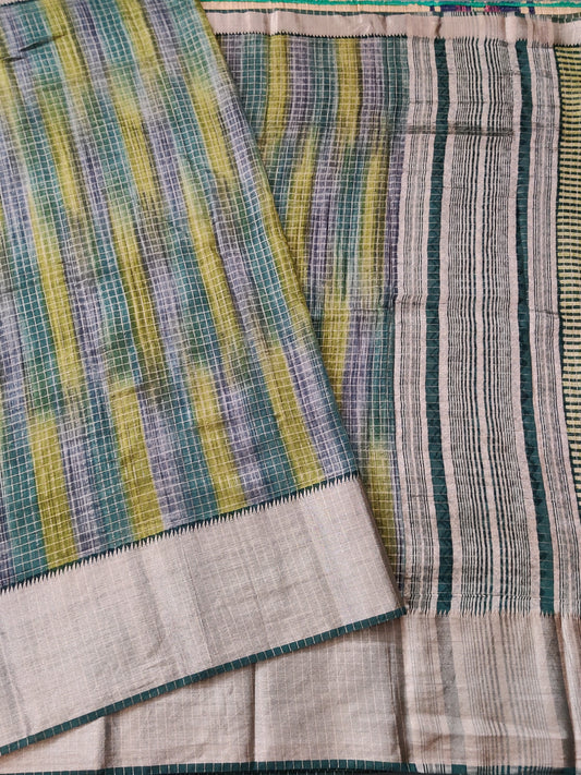 Green Colour Semi Banarasi Saree With Zari Checks All Over Code : VB0260