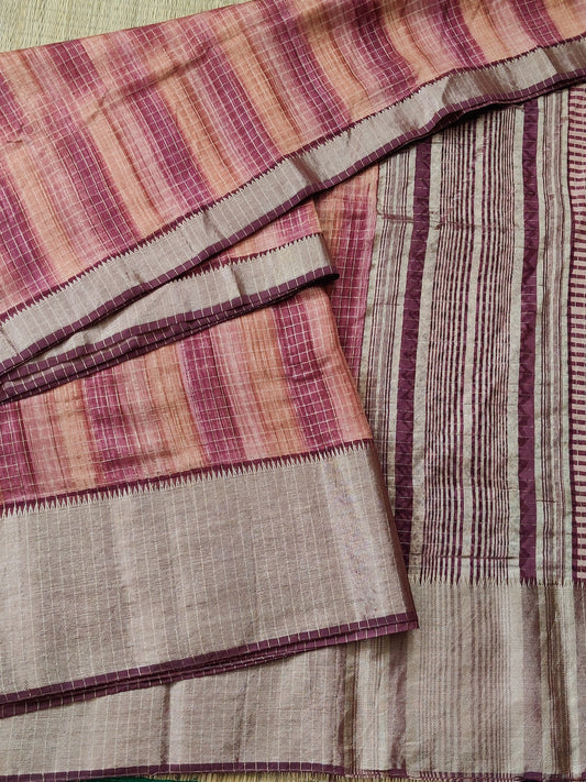 Brick Colour Semi Banarasi Saree With Zari Checks All Over Code : VB0258