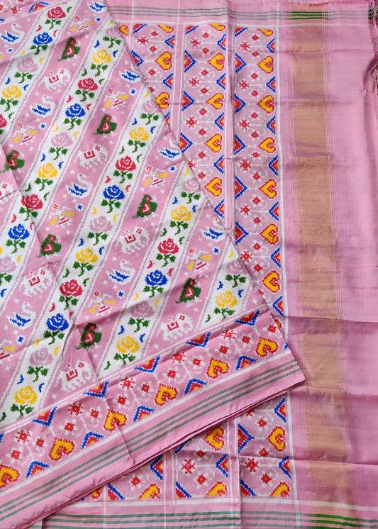 Baby Pink colour double ikkat patan patola saree