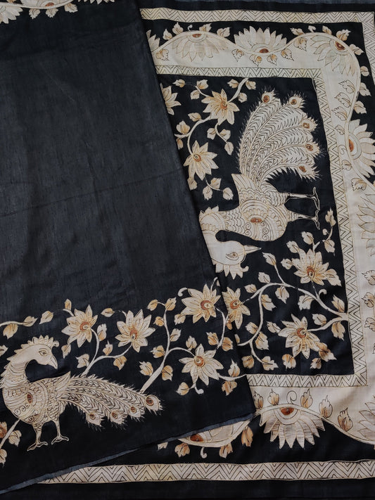 Black Colour Semi Tussar Saree With Plain Body Code : VB0254