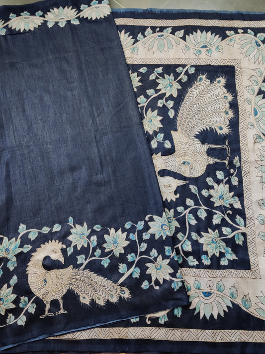 Navy Blue Colour Semi Tussar Saree With Plain Body Code : VB0257
