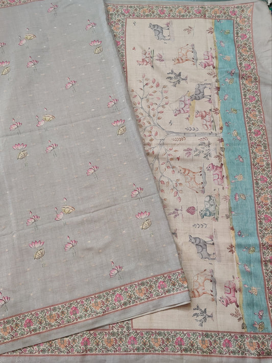 Grey Colour Semi Tussar Saree With Floral Digital Print & Small Zari Butta Body Code : VB0263