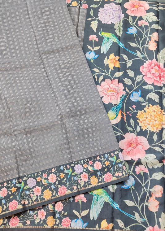 Grey Colour Semi Tussar Saree With Zari Checks All Over Code : VB0253