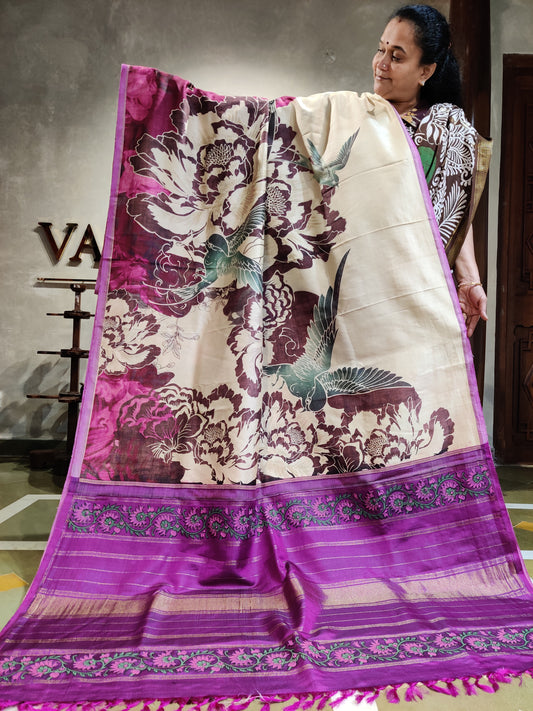 Cream Colour Kanchivaram Silk Saree With Digital Print Code : KA0164