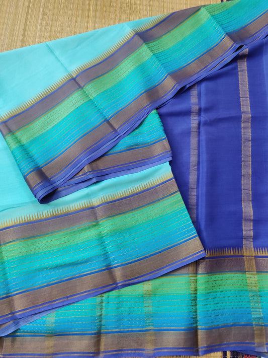 Sea Blue Colour Mysore Crepe Silk Saree With Plain Body Code : KA0167