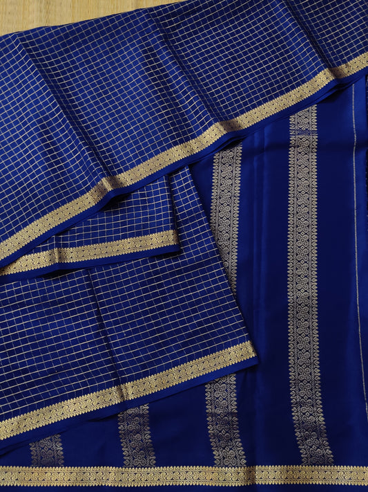 Navy Blue Colour Mysore Crepe Silk Saree With Zari Checks All Over Code : KA0174