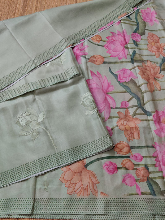 Pista Green Clour Semi Tissue Saree With Embroidery All Over Code : VB0264