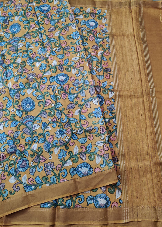 Mustard Yellow Colour Tussar Saree With Kalamkari Digital Print All Over Code : VB0269