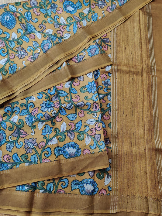 Mustard Yellow Colour Tussar Saree With Kalamkari Digital Print All Over Code : VB0269