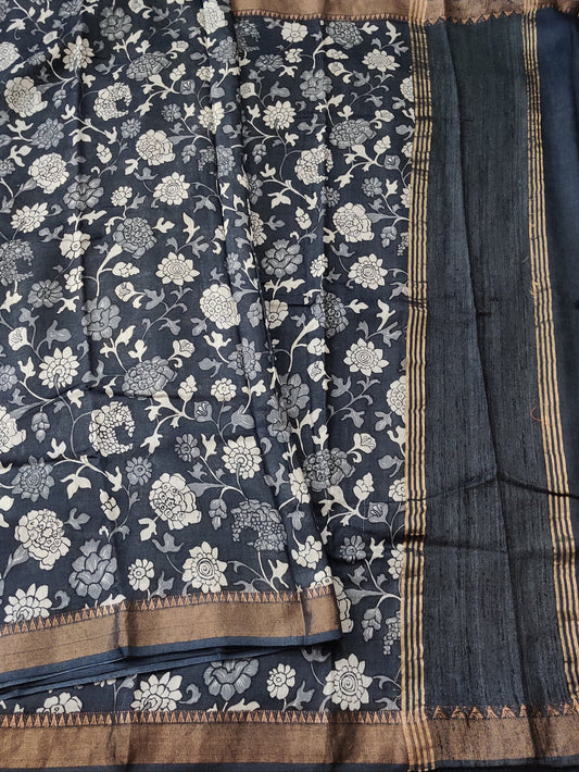 Dark Grey Colour Tussar Saree With Kalamkari Digital Print All Over Code : VB0272