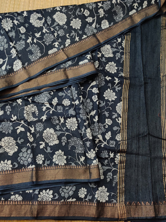 Dark Grey Colour Tussar Saree With Kalamkari Digital Print All Over Code : VB0272