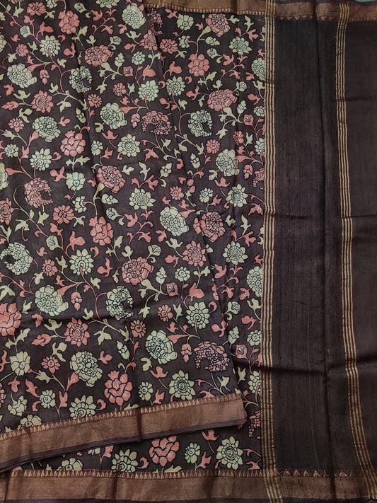 Brown Colour Tussar Saree With Kalamkari Digital Print All Over Code : VB0270