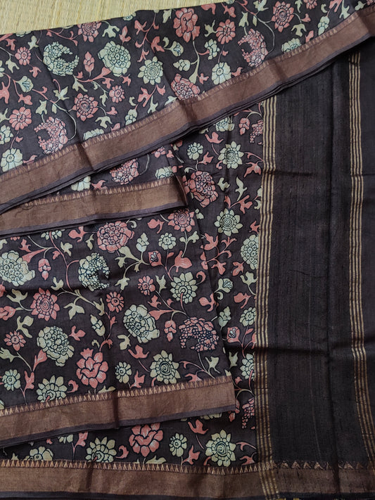 Brown Colour Tussar Saree With Kalamkari Digital Print All Over Code : VB0270