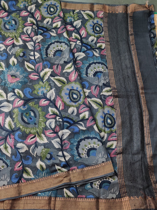 Dark Grey Colour Tussar Saree With Kalamkari Digital Print All Over Code : VB0271