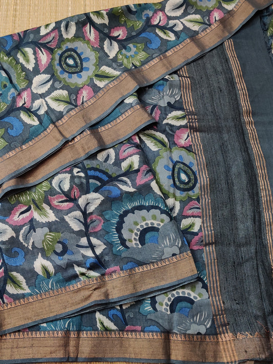 Dark Grey Colour Tussar Saree With Kalamkari Digital Print All Over Code : VB0271