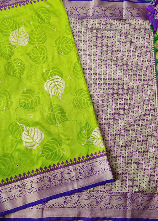 Parrot green colour semi banarasi saree with hand block print Code : VB0274