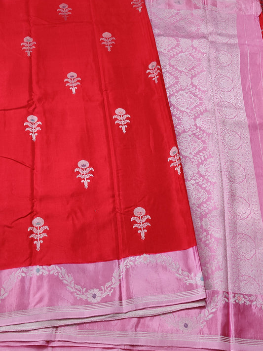 Red Colour Semi Mashru Saree With Silver Zari Butta All Over Code : VB0275