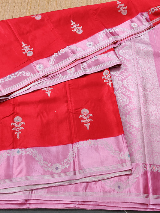 Red Colour Semi Mashru Saree With Silver Zari Butta All Over Code : VB0275