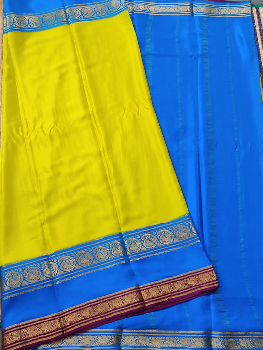 Lemon Green Colour Mysore Crepe Silk Saree With Plain Body  Code : KA0183