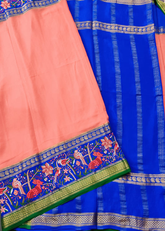 Peach Colour Mysore Crepe Silk Saree With Plain Body Code : KA0190