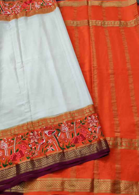 Cream Colour Mysore Crepe Silk Saree With Plain Body Code :  KA0192