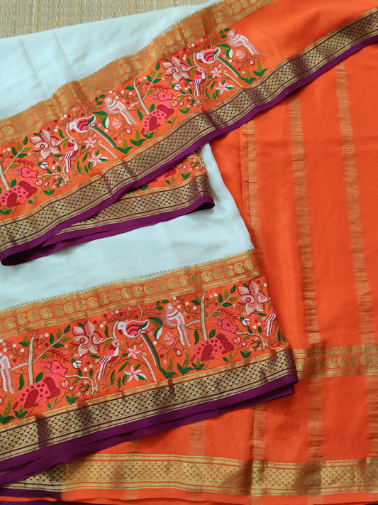 Cream Colour Mysore Crepe Silk Saree With Plain Body Code :  KA0192