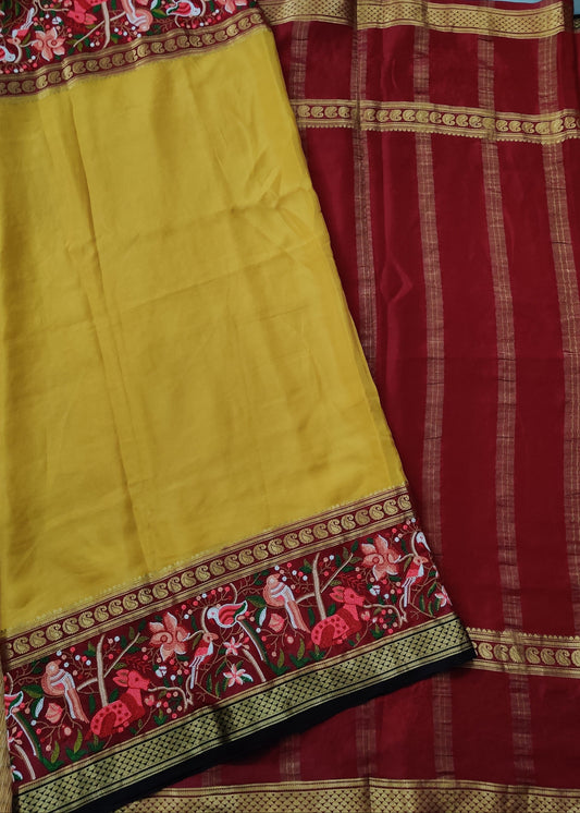 Mustard Yellow  Colour Mysore Crepe Silk Saree With Plain Body Code :  KA0193