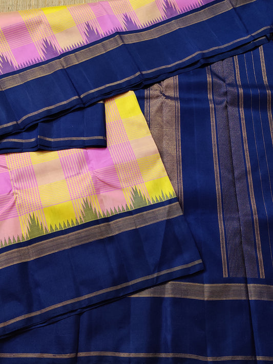 Tri Colour Kanchivaram Silk Saree With Checks All Over Code : KA0202