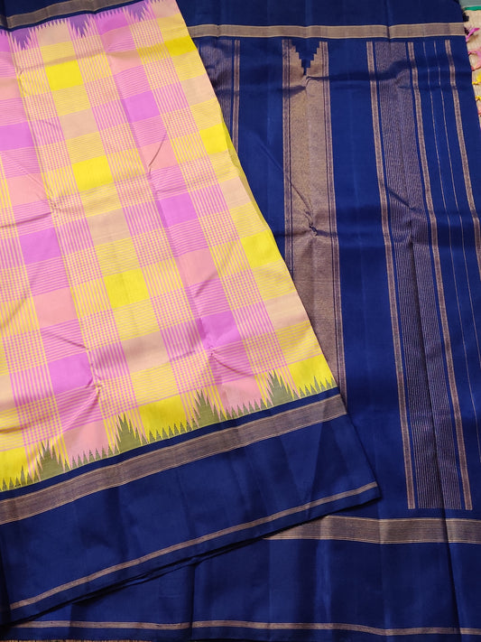 Tri Colour Kanchivaram Silk Saree With Checks All Over Code : KA0202