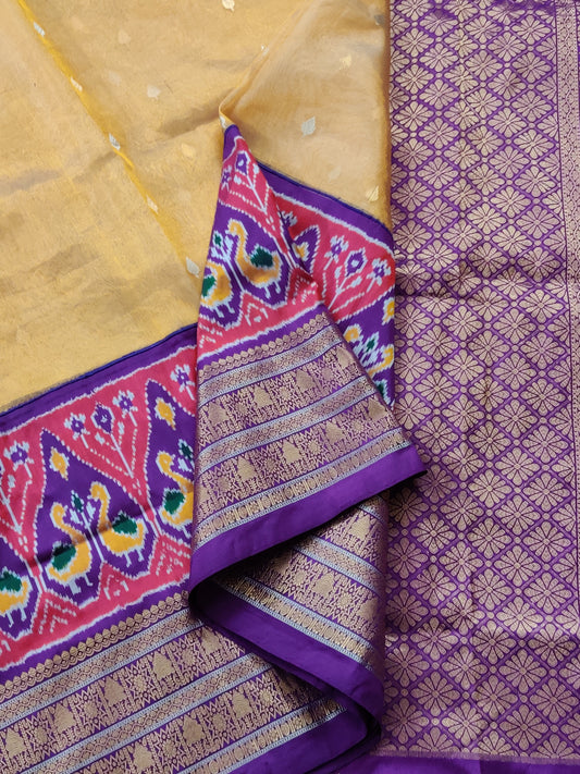 Gold Colour Tissue & Ikkat Fusion Saree With Gold & Silver Zari Butta All Over Code : VB0277