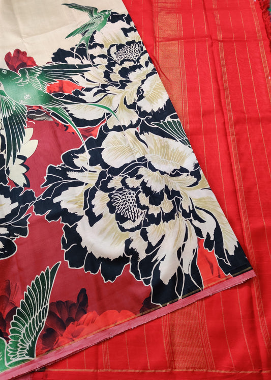 Cream Colour Borderless Kanchivaram Silk Saree With Digital Print All Over Code : KA0200
