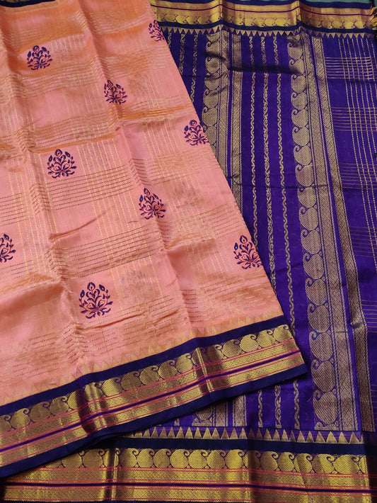 Dual Tone Orang Colour Silk Cotton Saree With Zari Checks & Hand Block Print All Over Code : SC026