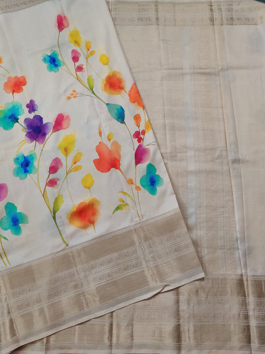 Cream Colour Ikkat Silk Saree With Digital Print All Over Code :  IK017