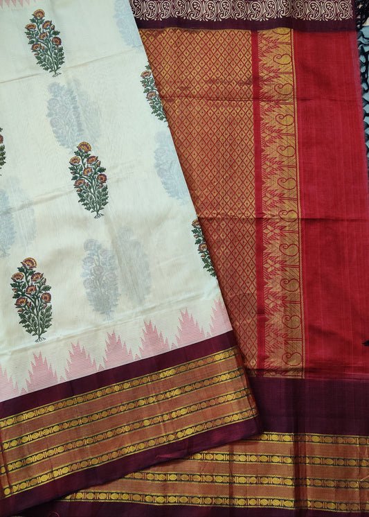 Cream Colour Silk Cotton Saree With Hand Block Print All Over Code : SC030