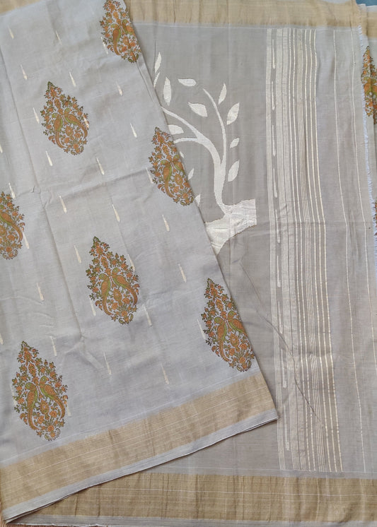 Tussar Colour Cotton Paithani Saree With Hand Block Print All Over : PA003