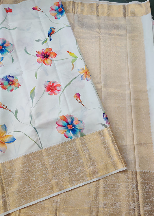 Off White Colour Kanchivaram Silk Saree With Digital Print All Over Code : KA0208