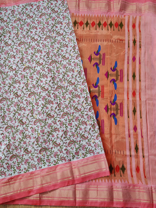 Off White Colour Paithani Silk Saree With Hand Block Print All Over Code : PA002