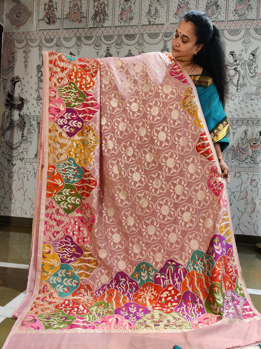 Onion Colour Georgette Banarasi Saree With Zari Motif All Over : VB0297
